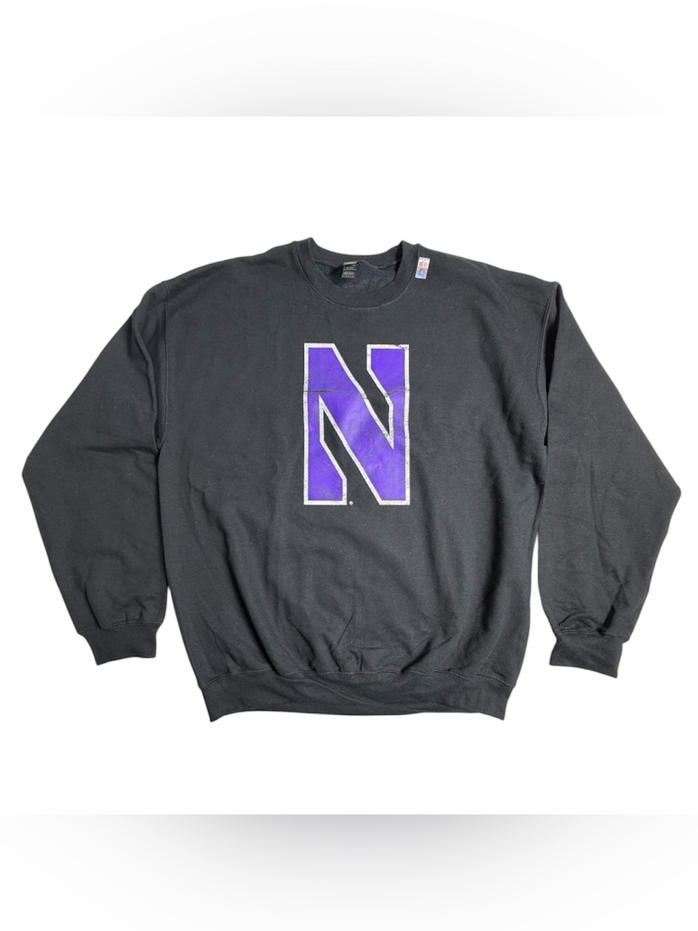 Northwestern Crew Neck Sweatshirt Distressed Primary Logo Black Size Large